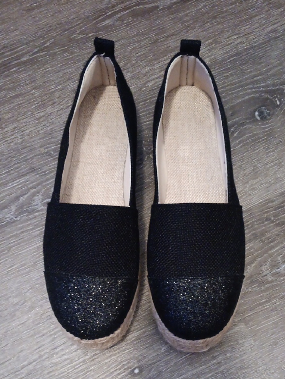 SHEIN Black Glitter Toe Espadrille Slip-On Flats
